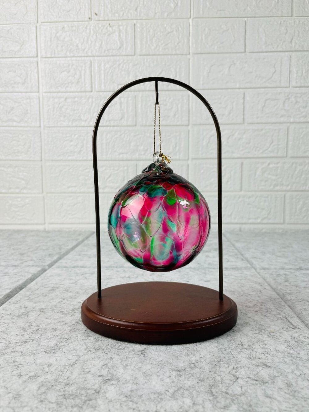 Multicolor Art Glass Hanging Ball Ornament 3.5" with Display Stand
